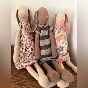 Set of Three Maileg Bunnies in Floral and Striped Dresses